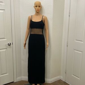 Curves Dress Medium Black Scoop Neck Sheer Waist Spaghetti Strap Slit Back Sexy